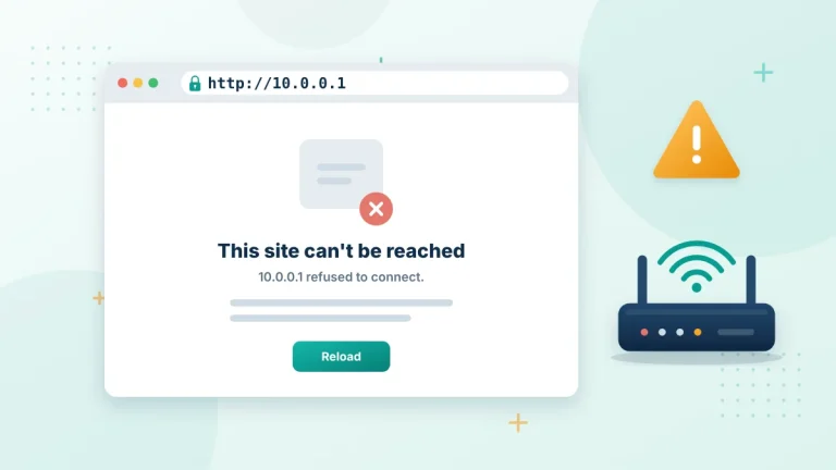 10.0.0.1 login page not opening: browser showing a site cannot be reached error next to a WiFi router