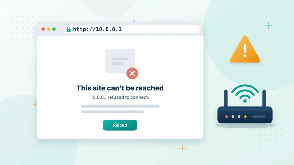 10.0.0.1 login page not opening: browser showing a site cannot be reached error next to a WiFi router