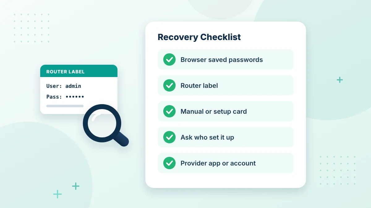10.0.0.1 admin password recovery checklist: browser saved passwords, router label, manual, installer and internet provider