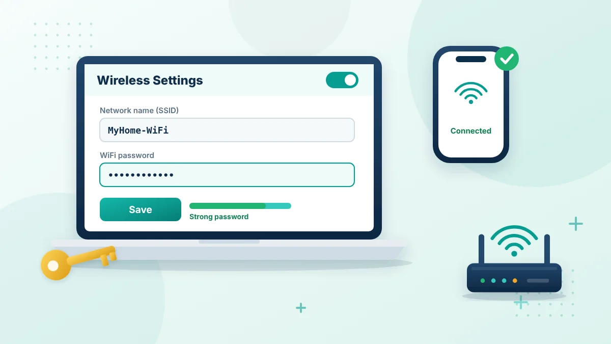 Change your WiFi password through 10.0.0.1: router wireless settings with a new password field and save button